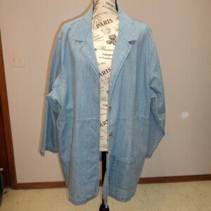 NWT Women's Plus 3X C J Banks Blue Denim Coat Jacket Unlined Pocket 100% Cotton